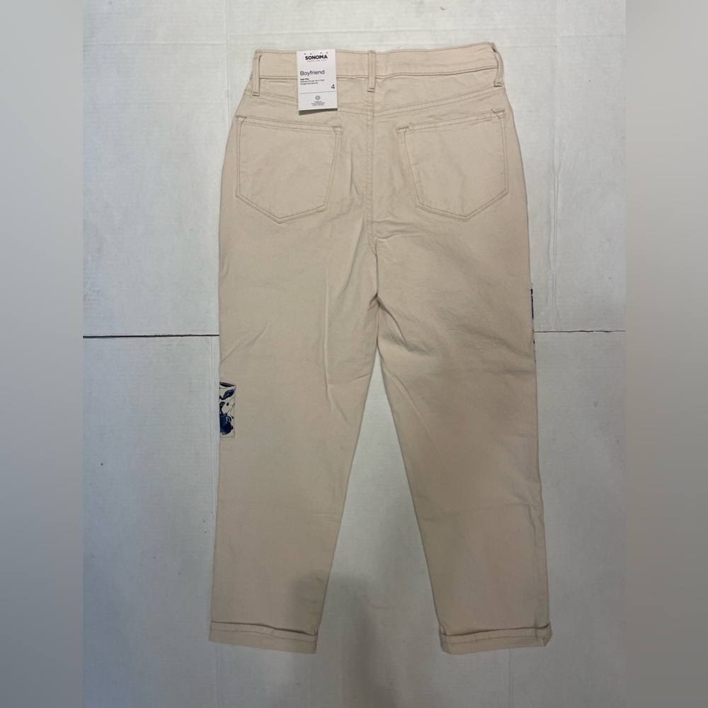Sonoma Cotton Blend Boyfriend High Rise Tan Patchwork Cuffed Pants Size 4 NWT - Picture 2 of 5